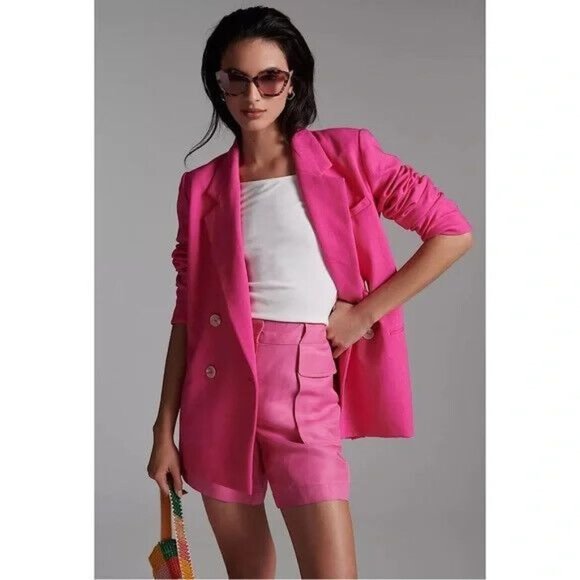 MAEVE ANTHROPOLOGIE jacket blazer double breasted oversized boyfriend pink 14 - Picture 1 of 10